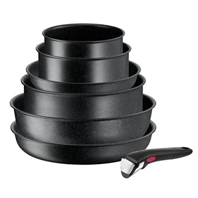Afbeelding van Tefal Ingenio pannenset, 7 delig, inductie, antiaanbaklaag, stapelbaar, ruimtebesparend, temperatuurweergave, gezond koken, gemaakt in Frankrijk, Black Stone L3998702