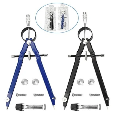 Afbeelding van PERFETSELL 2 stuks passer set metaal zwart blauw snelverstelbare schoolpasser met centrale aandrijfspindel precisie snelkompas geometrische reserveminten voor basisschool school