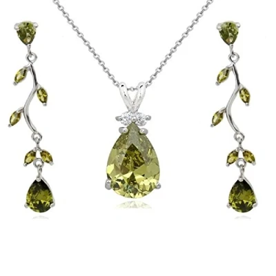 Afbeelding van Crystalline Azuria Tranen Set met Groene Olivijne Zirkonia Kristallen Halsketting 45 cm Bengelen Oorbellen 18 kt Witgoud Verguld