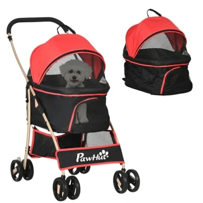 Afbeelding van PawHut Hondenkar, 2 in 1 Hondenbuggy, Draagtas, Opvouwbare Hondenbuggy met Kussen, Kattenkar voor Kleine Honden, Katten, Kattenbuggy 4 Wielen, Netraam, Oxfordstof, Rood