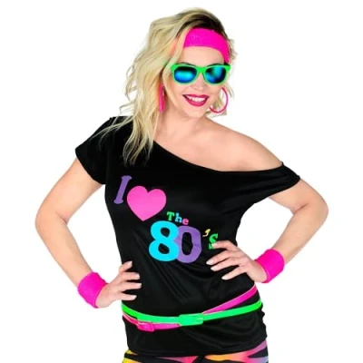 Afbeelding van Widmann Milano Party Fashion T shirt jaren &#039;80 mode, mouwloos shirt, I love 80s, disco koorts, neon, themafeest, carnaval