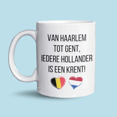 Afbeelding van NietMokken.nl Grappige mok Van Haarlem tot Gent, iedere Hollander is een krent! Leuk cadeau voor Belgen en Nederlanders Keramische koffiemok Vaatwasser magnetronbestendig tas 325ml