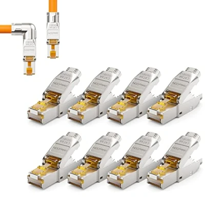 Afbeelding van deleyCON 8x CAT 6a RJ45 Stekker met een Hoek van 90 Gereedschapsloos Afgeschermd 10 Gbit/s Netwerkstekker voor Raw Cable Starre Installatiekabel Connector Ethernet LAN DSL Patchkabel