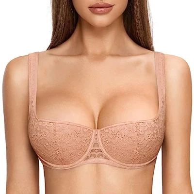 Afbeelding van DOBREVA Vrouwen Push Up BH Balconette met beugel Sexy Kantjes Grote Maten Gewatteerd Crème Koffie 75B