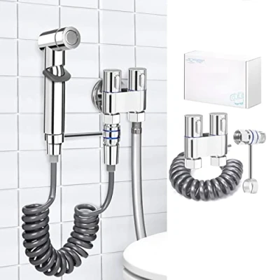 Afbeelding van wc handdouche, handdouche met 3 weg ventiel (1/2 3/8 inch), verchroomde handgreep, complete set voor persoonlijke hygiëne en luierreiniging