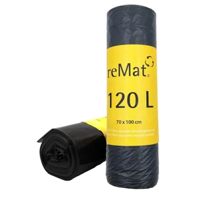 Afbeelding van reMat Afvalzakken 120l gemaakt van 100% post consumer gerecycled Afval (PCR), 10 per Rol, Scheurvast, Geurloos, Ideaal voor of Recyclinginzameling