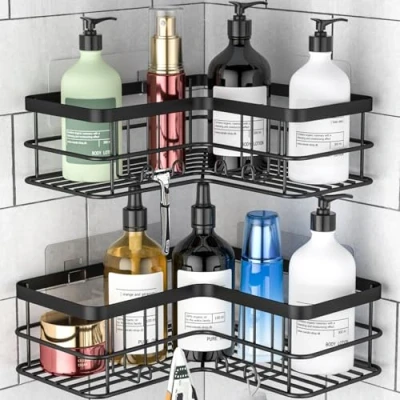 Afbeelding van Yazoni Hoekdouche Caddy, zelfklevende doucheplanken zonder boren [2 pack], roestvrij stalen badkamer douche organizer wandmontage met 8 haken (zwart)