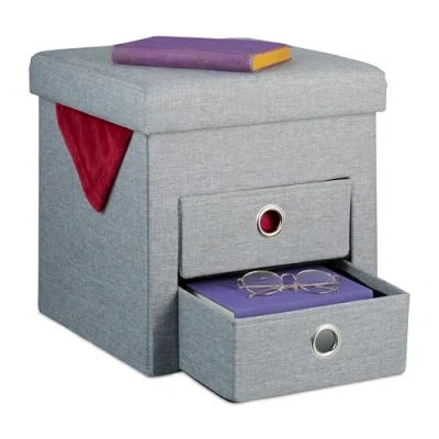 Afbeelding van Relaxdays poef met opbergruimte, 2 lades, handgrepen, modern, opvouwbaar, gestoffeerd, HBD: 39x37x37 cm, hocker, grijs