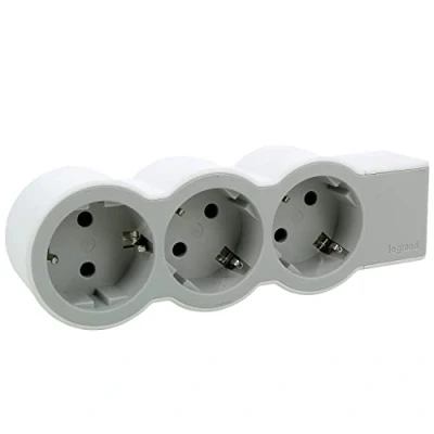 Afbeelding van LEGRAND, Platte stekkerdoos, 3 voudig stopcontact, meervoudige contactdoos, zonder kabel, ultrawit/grijs, 694573