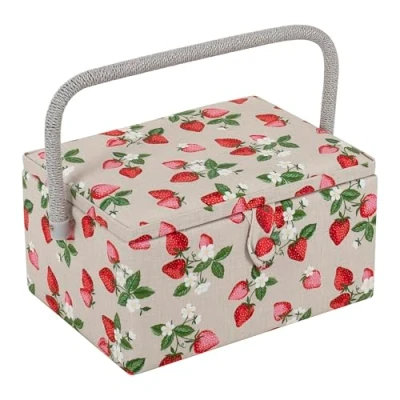Afbeelding van Hobby Gift Exclusieve medium naaidoos, knutseldoos, accessoirelade, speldenkussen, PVC handgreep, 18,5 x 25,5 14,5 cm, aardbeien