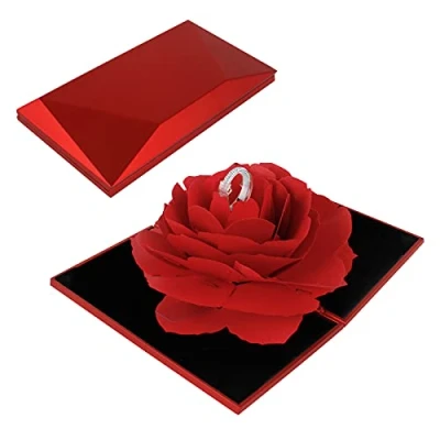 Afbeelding van Haisheng 1 stuk ringdoos Valentijnsdag roos 3D pop up trouwring doos fluwelen ring sieradendoos voor halsketting hanger bruiloft ringbox verlovingsring (rood)