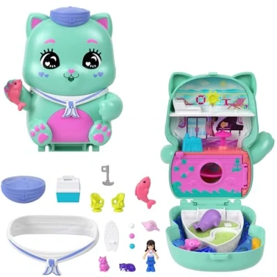 Afbeelding van Polly Pocket Poppen en Speelset, Compacte Speelset Hijs de Zeilen, Kitty, Speelgoed voor Onderweg met 1 Micropop, Speelgoedpoezen, Lekkere Hapjes Modeaccessoires, JCR37