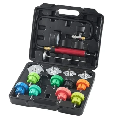 Afbeelding van VEVOR 14 delige koelmiddel druktestset, afdruktester, druktester, koelwatervulapparaat, koelontluchtingsapparaat, koelsysteemtester incl. thermometer, 4 metalen adapters en 8 testkappen
