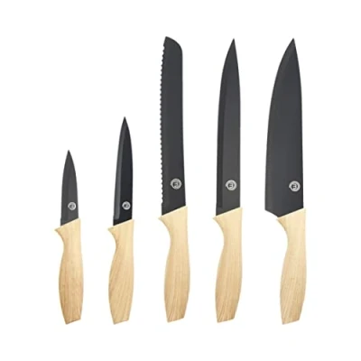 Afbeelding van MasterChef Keukenmessen, set van 5 stuks, inclusief paring, hulpprogramma, brood, chef kok en snijmes, scherp roestvrij staal, anti aanbakmessen zachte handgrepen met handgreep, zwart