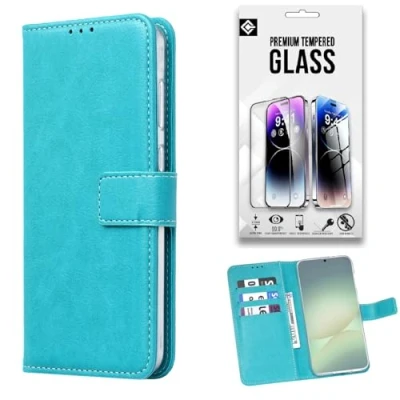 Afbeelding van Casemania Hoesje Geschikt voor Motorola Edge 20 Turquoise &amp; Glazen Screenprotector Portemonnee Book Case Kaarthouder Magneetlipje