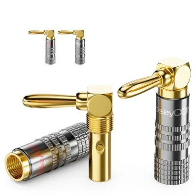 Afbeelding van deleyCON 4 Stuks Bananenstekkers Set 90 Gehoekt Verguld Schroefbaar voor Luidsprekerkabel 0,75 mm 4,5 &amp; bijv. HiFi Thuisbioscoop Ontvanger