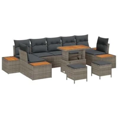 Afbeelding van vidaXL 10 delige tuinbankset met kussens grijs poly rattan en acacia