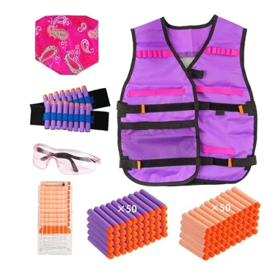 Afbeelding van Locisne Tactical Vest voor Girl Kids, Kit met 100 Refill Bullets, 2 Wristband, 1 Scarf Mask, Protective Goggle, Dart Reload Clip Nerf N strike Elite Series