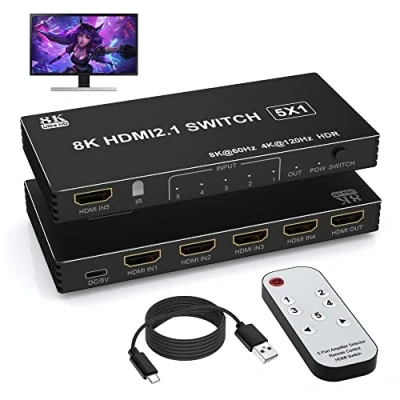 Afbeelding van 8K HDMI schakelaar 5 in 1 uit, 2.1 Switch poort met IR afstandsbediening, switcher selector @60Hz/4K @120Hz voor Xbox PS4 pc tv