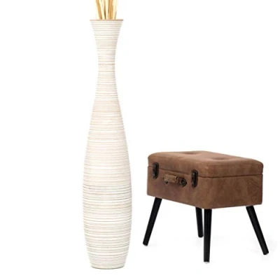 Afbeelding van Leewadee Grote Home Decor Vloervaas Houten Hoge Boerderij Bloemenhouder Voor Nep Plant En Pampas Gras, 110 cm, White Wash