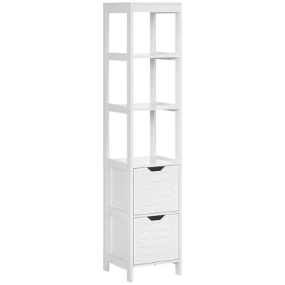 Afbeelding van kleankin Multifunctionele hoge badkamerkast, 3 open planken en 2 laden, anti kanteldesign, 30 x 144 cm, wit