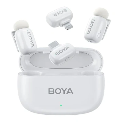 Afbeelding van Boyamini Wireless Lavalier Microphone for iPhone/iPad Android Device with 2 Plugs&amp;2 Ultra Mini Mics 30H Usage, AI Voice Change, Lapel Vlog, Streaming, TikTok, YouTube(White)