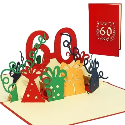Afbeelding van LINPOPUP® Pop upkaart voor 60e verjaardag, 3D verjaardagskaart met envelop, Happy Birthday, cadeaubon cadeau vriend, man, jubileum, 60 cijfers, rood, N22