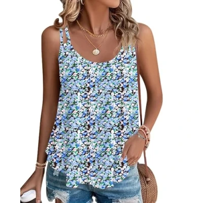 Afbeelding van WNEEDU Dames tanktop zomer spaghetti cami bovenstuk mouwloos ronde hals blouses top shirts, zeeblauw, L