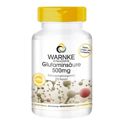 Afbeelding van Glutaminezuur 500mg veganistisch &amp; hoog gedoseerd 250 capsules bulkverpakking Warnke Vitalstoffe Duitse apothekerskwalitei