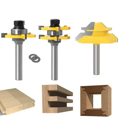 Afbeelding van 45 graden Lock verstekfrees bit, APLUS hout frees groef + 8 mm schacht tong en set 3 tanden in T vorm gemaakt van voor houtbewerking