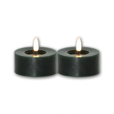 Afbeelding van Set van 2 LED theelichtjes &quot;FLAME FLOW L&quot;, hoogte 5,5cm, diameter 7cm, kleur donkergroen, werking op batterij, timerfunctie