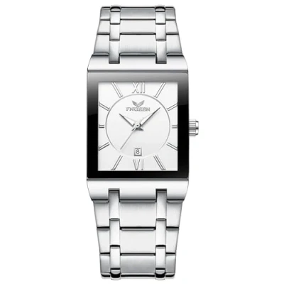 Afbeelding van JewelryWe Mannen Vierkante Tank Horloge: Zwart Analoge Quartz Lichtgevende Handen Roestvrij Staal Band Business Elegante Datum Rechthoekig Multifunctioneel Horloge, Wit