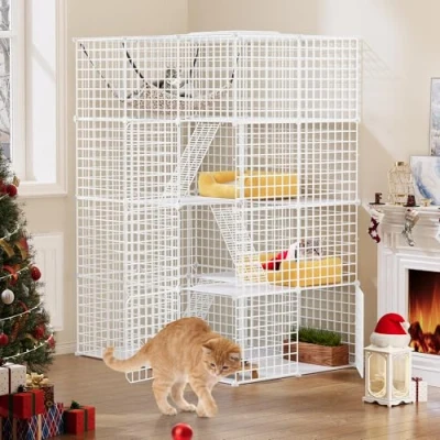 Afbeelding van YITAHOME grote kattenkooi binnen, behuizing metalen draad 4 laags kattenkennels met deuren, 3 ladders, doe het zelf kattenbox hangmat, dierenkooien voor 1 katten konijntje, wit, 107 x 72