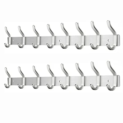 Afbeelding van MEIJO Garderobehaken, roestvrij staal, haaklijst, kledinghaken, muur met 8 haken, garderobestand, wandgarderobe voor slaapkamer, badkamer, keuken (zilver, 2 stuks)