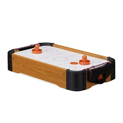 Afbeelding van Relaxdays airhockey tafelspel, met lucht, tafelmodel, incl. toebehoren, B x D: 56 31 cm, onderweg, houtlook, bruin