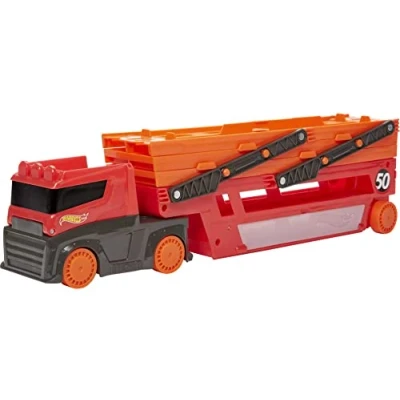 Afbeelding van Hot Wheels Megatruck met ruimte voor maximaal 50 auto&#039;s (schaal 1:64), 3 jaar en ouder,​ graphics van 50ste verjaardag Wheels, GWT37