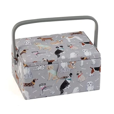 Afbeelding van Hobby Gift Exclusieve medium naaidoos, knutseldoos, accessoirelade, speldenkussen, PVC handgreep, 18,5 x 25,5 14,5 cm, grijze honden