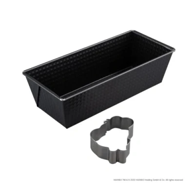 Afbeelding van Zenker 8915 cakevorm, rechthoekig, anti aanbaklaag, taartvorm met Haribo uitsteekvorm, roestvrij staal, zwart, zilver, 25,5 x 11,5 cm