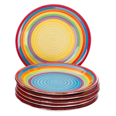 Afbeelding van MamboCat 6 delige taartbordenset Ibiza kleurrijke dessertborden dinerborden klein ontbijtbuffet serveerbord rond aardewerk servies regenboog