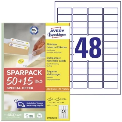Afbeelding van Avery Zweckform L4736REV 65 Universele etiketten 45.7 x 21.2 mm Papier Wit vellen Weer verwijderbaar Inkjet, Laser (zwart/wit), (kleur), Kopiëren