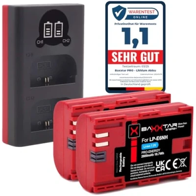 Afbeelding van Baxxtar Pro LP E6NH Batterij (2x 2600mAh) compatibel met Canon R5 R5c R6 R6II R7 enz. lader 18602 Mini LCD DUAL (USB C en MicroUSB ingang)