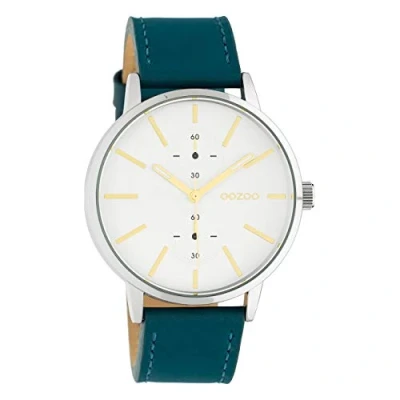 Afbeelding van Oozoo Unisex horloge Chrono Look met lederen band 42 MM zilverkleurig/blauwgroen C10587