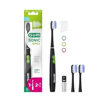 Afbeelding van GUM SONIC DAILY Elektrische Tandenborstel Op Batterijen Makkelijk Draagbaar Zorgt Voor Een Extra Diepe Zachte Reiniging X1 Borstel, X2 Vervangende Koppen, Batterij AAA Zwart