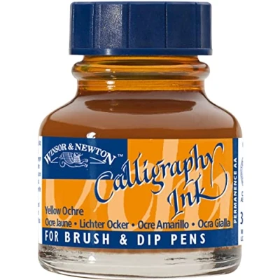 Afbeelding van Winsor &amp; Newton 1111744 Kalligrafie inkt voor vulpennen of kroontjespennen, onderling mengbaar, lichtecht met goede vloei eigenschappen 30ml fles, Yellow Ochre