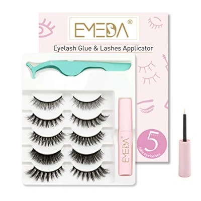 Afbeelding van EMEDA 5 paar kunstwimpers met lijm, natuurlijke 3D valse wimpers waterdichte herbruikbare multipack dikke en lange wimperclip false lashes with glue and applicator
