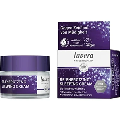 Afbeelding van lavera Re Energizing Sleeping Cream Nachtcrème met biologische druif en vitamine E 5 in 1 krachtig werkzame stof tegen tekenen van vermoeidheid natuurlijke cosmetica veganistisch bio (1 x