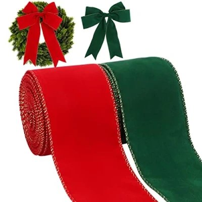 Afbeelding van Kingovalley 2 rollen kerst bedraad lint, 6,3 cm x 10 meter rood groen fluwelen kerstlint met gouden rand vintage voor Kerstmis DIY Craft Home Garland boog deur krans decoraties