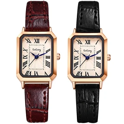 Afbeelding van JewelryWe Dameshorloge, analoog kwartshorloge, klassiek zakelijk, casual horloge met leren armband voor dames en meisjes, Type 5 rechthoek 2 stuks, Riemen.