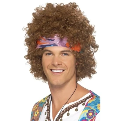 Afbeelding van Bruine afro hippie pruik voor mannen Verkleedpruik One size