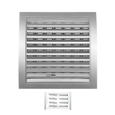 Afbeelding van H&amp;C VENT Ventilatierooster, vierkant, zilver, 190 x mm, Ø 125 met schuif, insectenwering, kunststof weerbestendig rooster voor afzuigafdekking, afzuigkap, garage, deur, koelkast